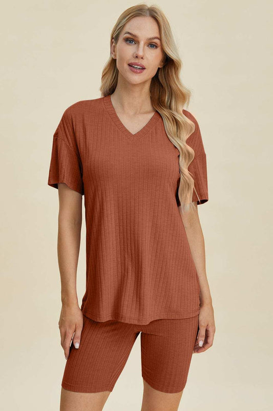 Basic Bae Full Size Ribbed V-Neck Short Sleeve Top and Shorts Set - Trendsi - Flyclothing LLC