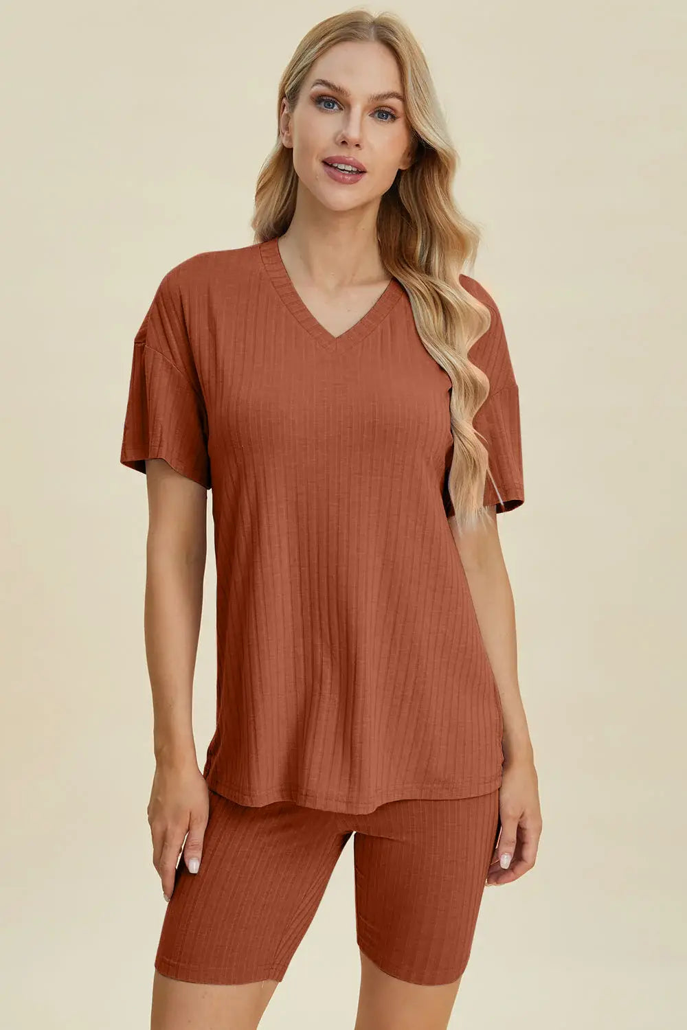 Basic Bae Full Size Ribbed V-Neck Short Sleeve Top and Shorts Set - ShopBasicbae - Flyclothing LLC