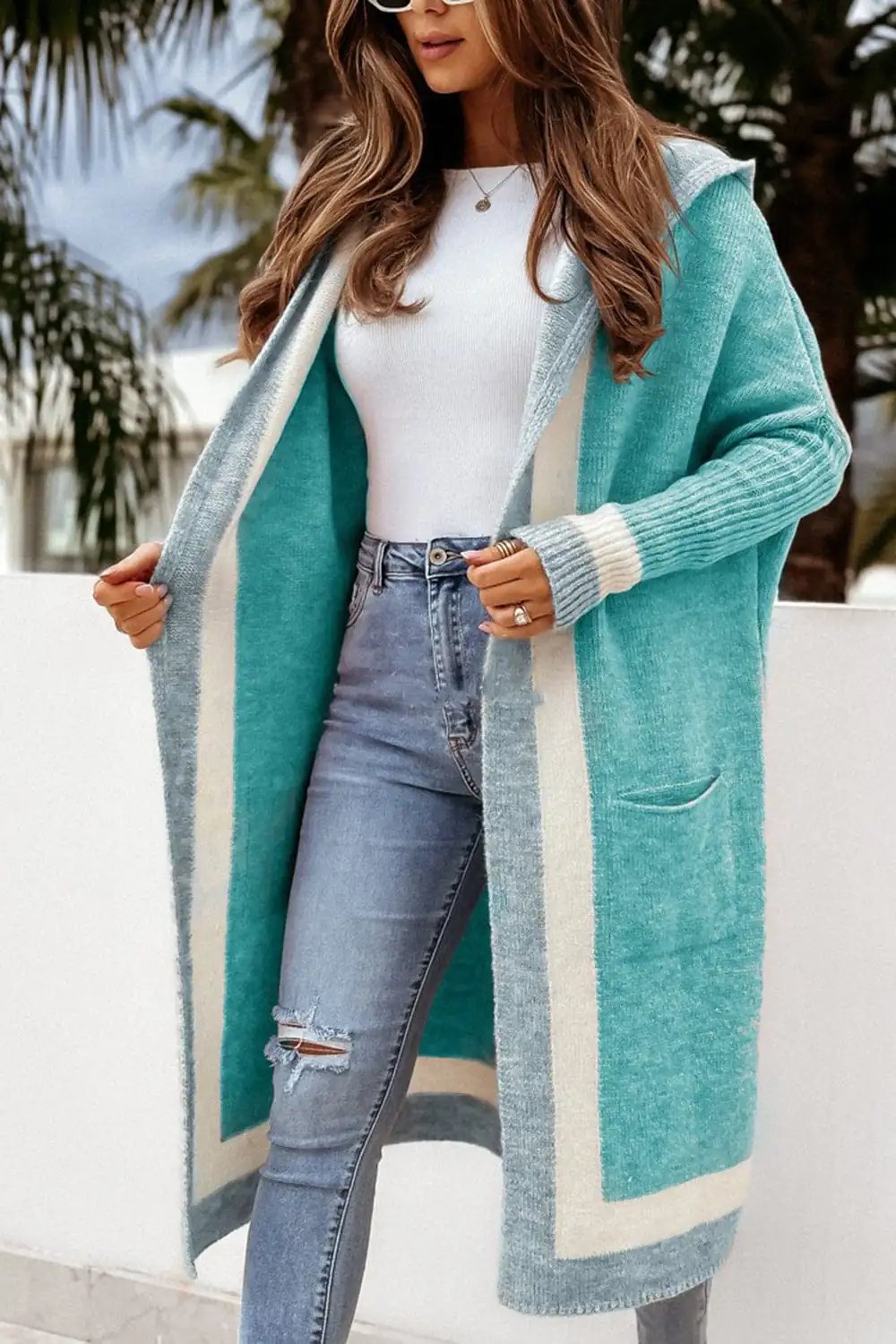 Pocketed Contrast Long Sleeve Hooded Cardigan - Trendsi