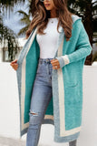 Pocketed Contrast Long Sleeve Hooded Cardigan - Trendsi