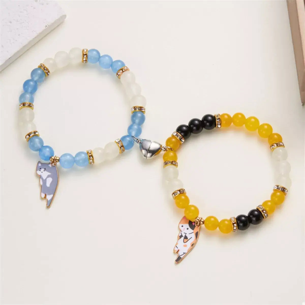 2 Piece Beaded Cat Charm Bracelet - Trendsi - Flyclothing LLC