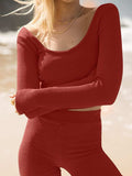 Scoop Neck Long Sleeve Top and Shorts Set - Trendsi - Flyclothing LLC