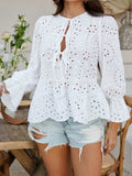 Devine Tie Front Flounce Sleeve Peplum Blouse - Trendsi - Flyclothing LLC