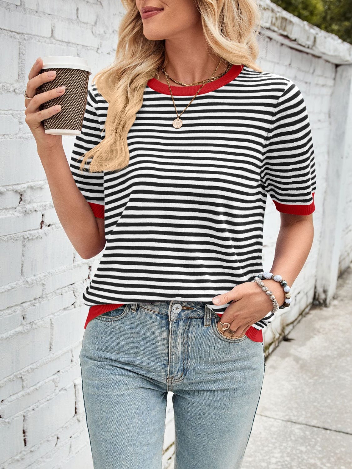 Lovelet Striped Contrast Round Neck Half Sleeve Knit Top - Trendsi
