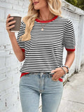 Lovelet Striped Contrast Round Neck Half Sleeve Knit Top - Trendsi - Flyclothing LLC