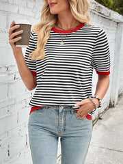 Lovelet Striped Contrast Round Neck Half Sleeve Knit Top - Trendsi