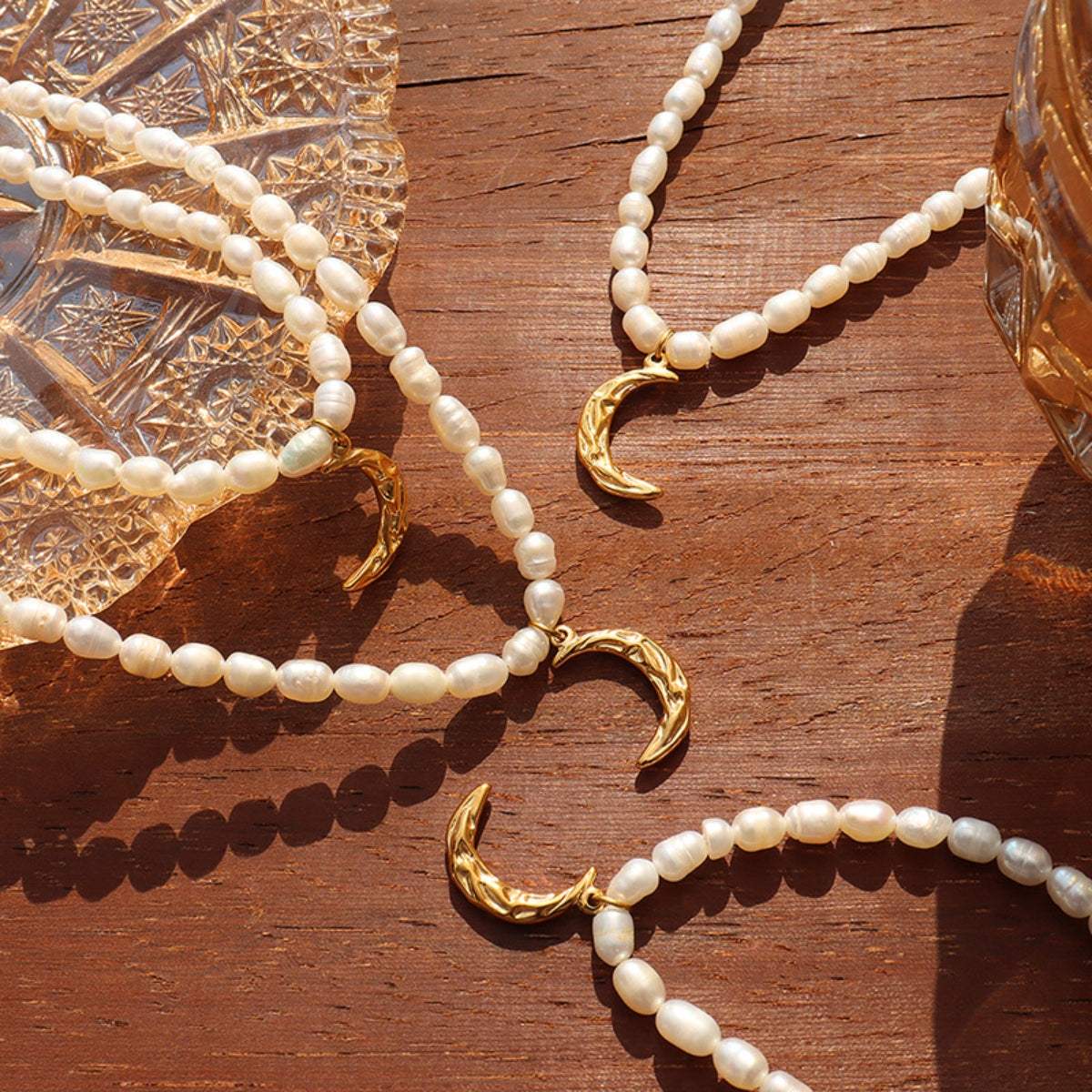 Pearl Titanium Steel Moon Shape Pendant Necklace - Trendsi - Flyclothing LLC