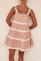 Contrast Trim Square Neck Tiered Dress - Trendsi - Flyclothing LLC