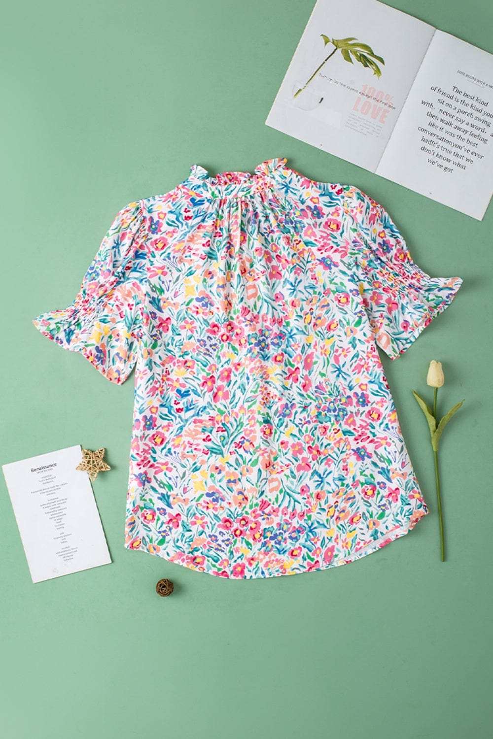 Printed Notched Short Sleeve Blouse - Trendsi - Flyclothing LLC