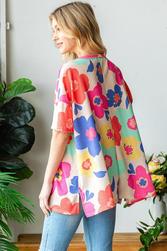 HOPELY Full Size Floral V-Neck Side Slit T-Shirt - Trendsi