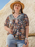 Plus Size Printed Notched Half Sleeve Blouse - Trendsi - Flyclothing LLC