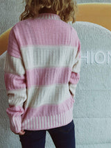 Contrast Round Neck Long Sleeve Sweater - Trendsi - Flyclothing LLC