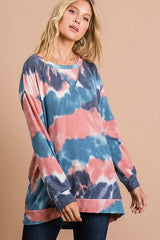 BiBi Tie Dye French Terry Pull Over with Front Stitching Detail - Trendsi - Flyclothing LLC