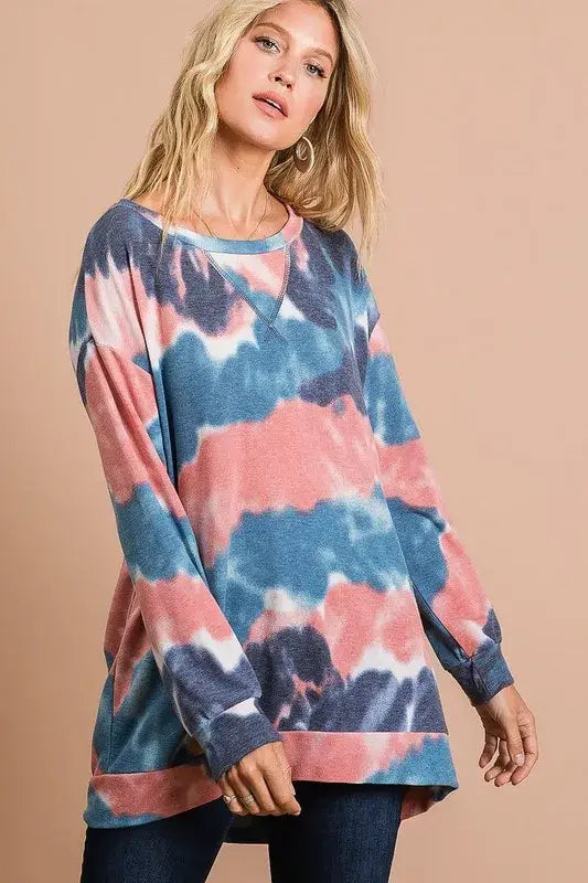 BiBi Tie Dye French Terry Pull Over with Front Stitching Detail - Trendsi - Flyclothing LLC