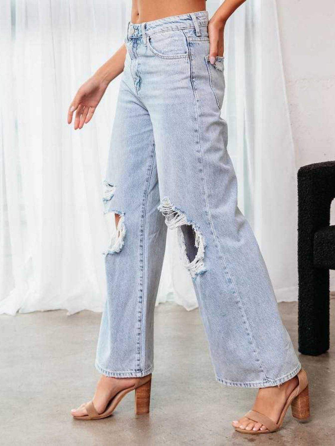 Distressed Wide Leg Jeans with Pockets - Trendsi - Flyclothing LLC
