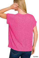 Zenana Hacci Slub Rolled Up Sleeve Tee - Trendsi - Flyclothing LLC