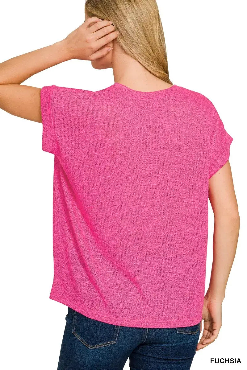 Zenana Hacci Slub Rolled Up Sleeve Tee - Trendsi - Flyclothing LLC