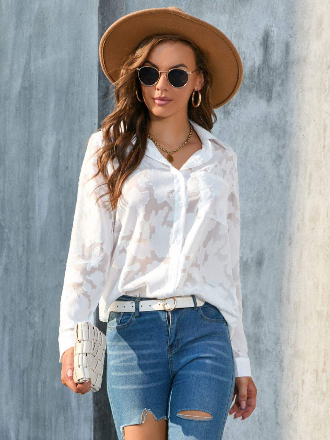 Full Size Collared Neck Long Sleeve Shirt Plus Size - Trendsi - Flyclothing LLC