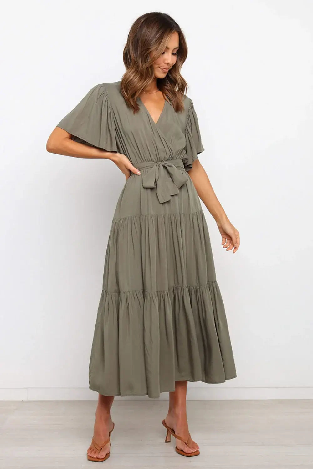 Tied Tiered Short Sleeve Midi Dress - Trendsi - Flyclothing LLC
