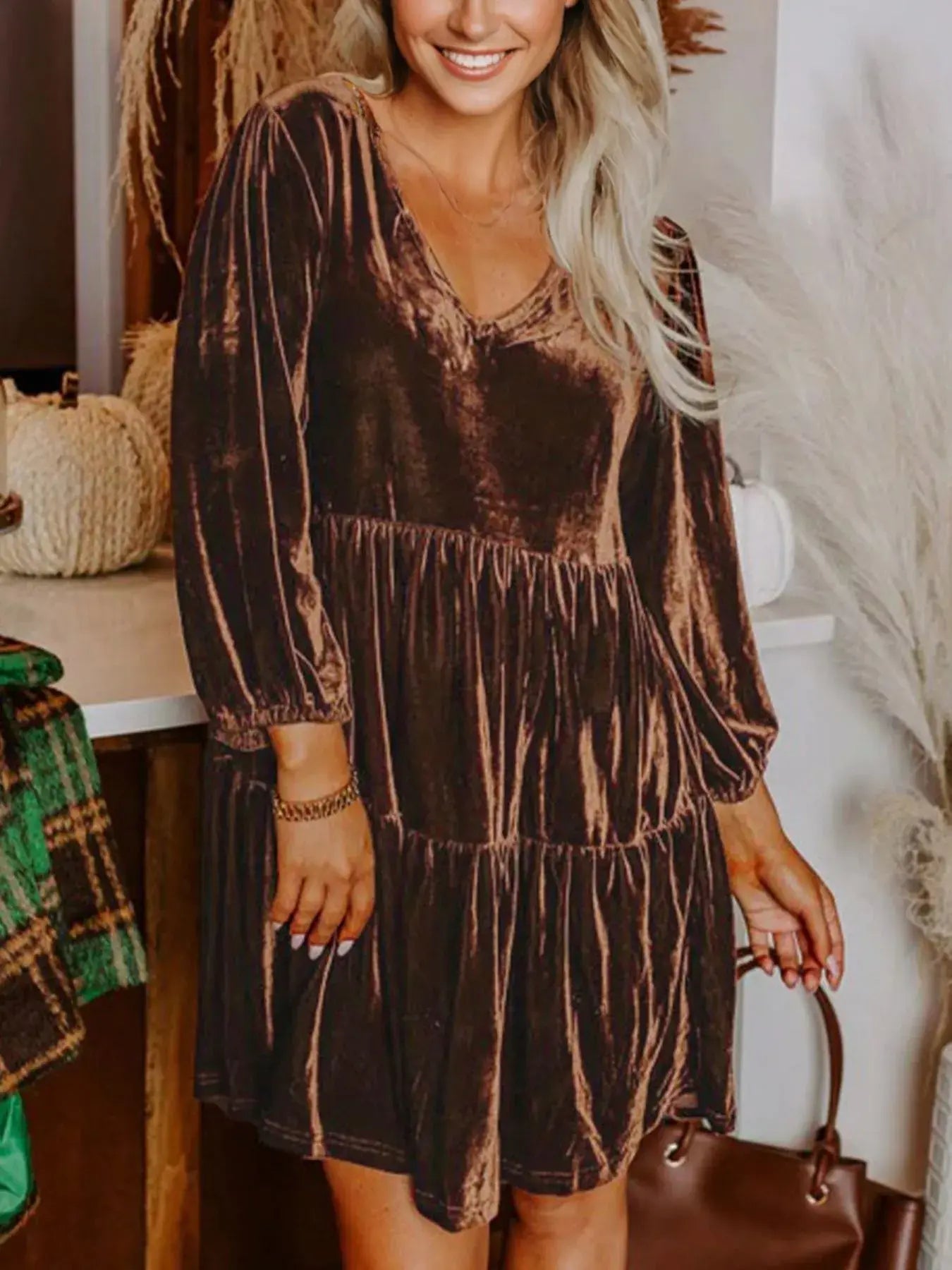 Solid Color Velvet V Neck Long Sleeve Tiered Mini Dress - Trendsi - Flyclothing LLC