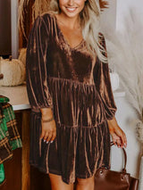 Solid Color Velvet V Neck Long Sleeve Tiered Mini Dress - Trendsi - Flyclothing LLC