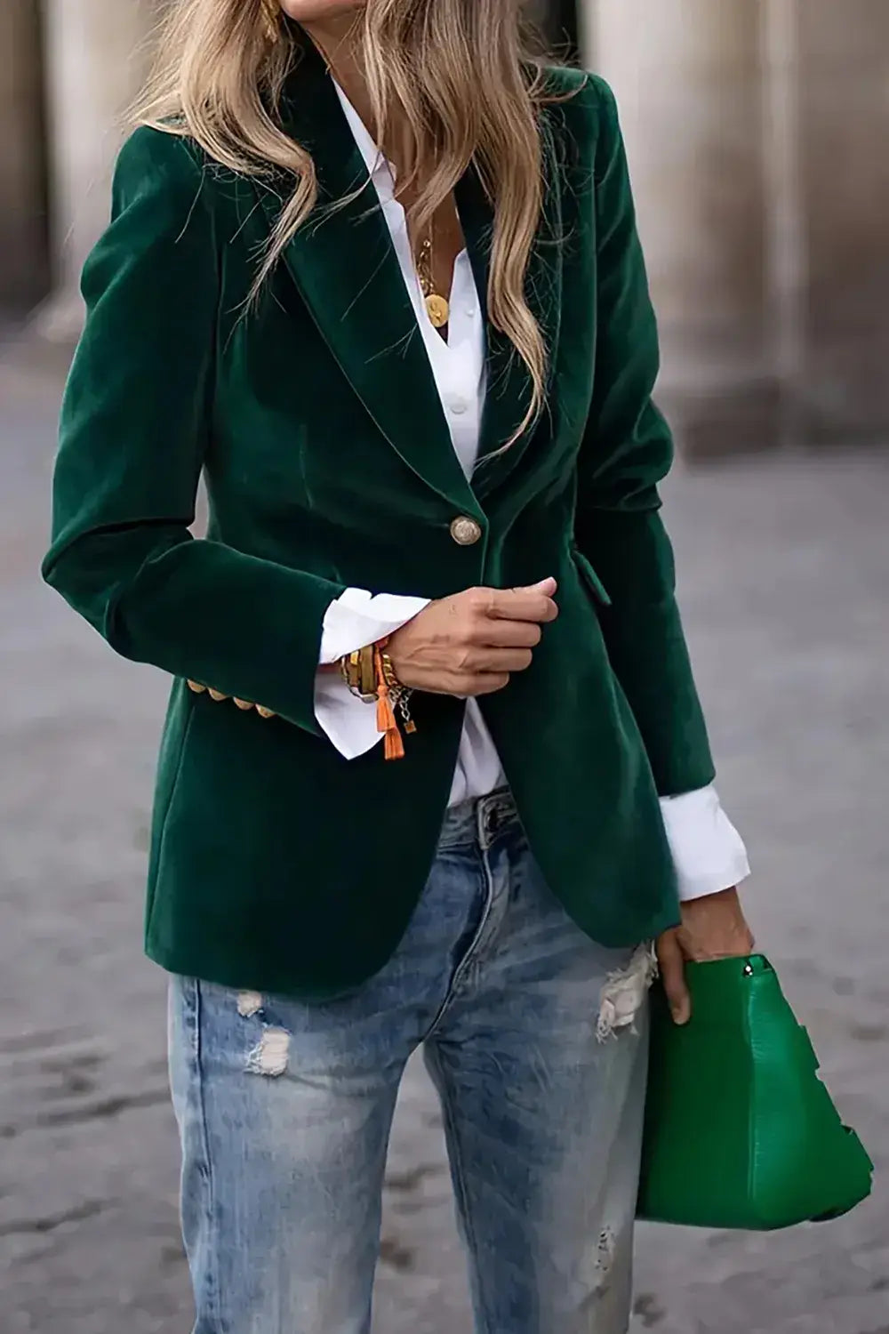 One Button Lapel Collar Long Sleeve Blazer - Trendsi - Flyclothing LLC