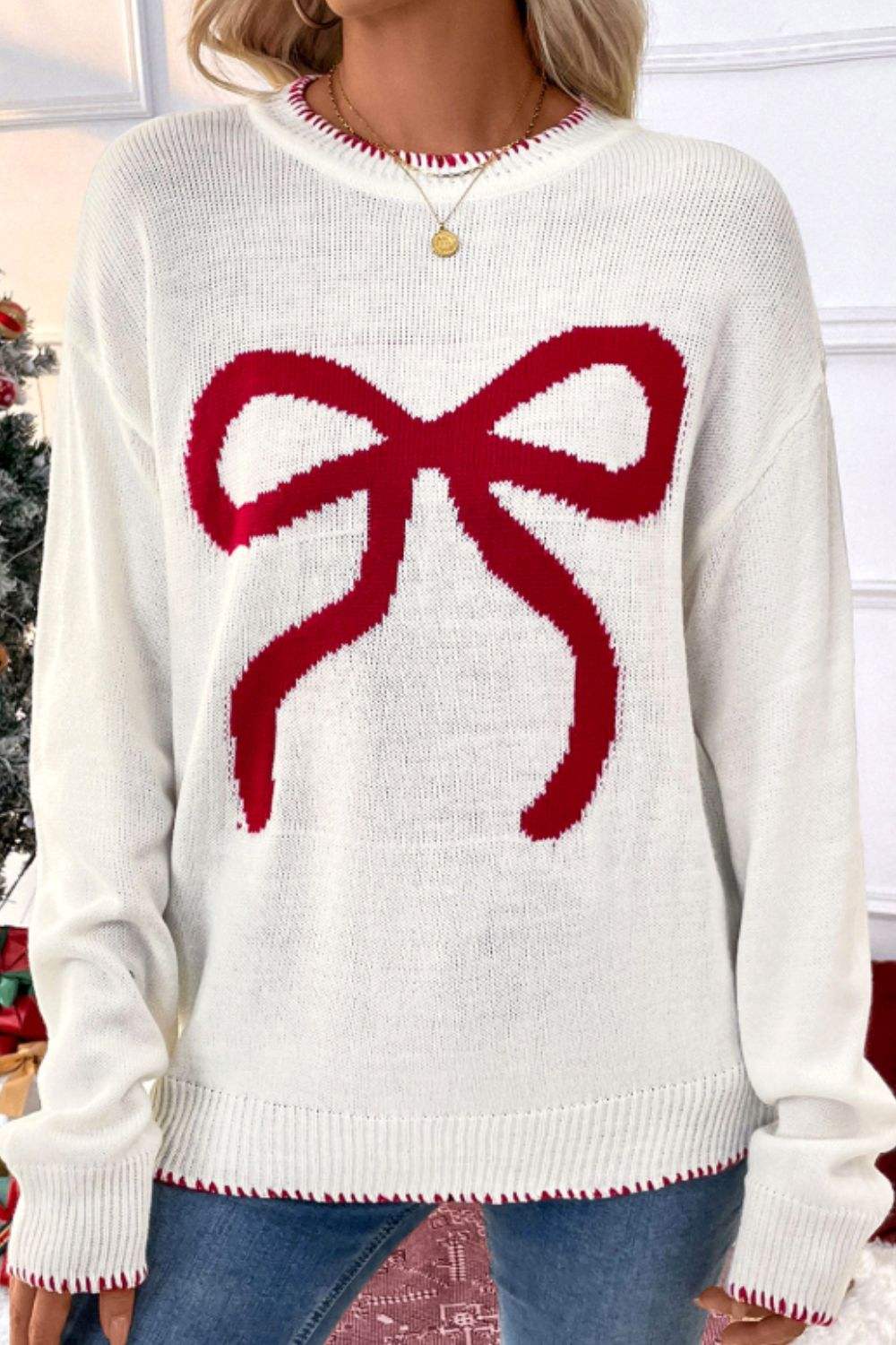 Bow Round Neck Drop Shoulder Sweater - Trendsi - Flyclothing LLC