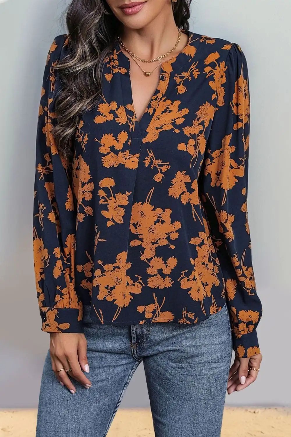 Printed Notched Long Sleeve Blouse - Trendsi
