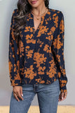 Printed Notched Long Sleeve Blouse - Trendsi