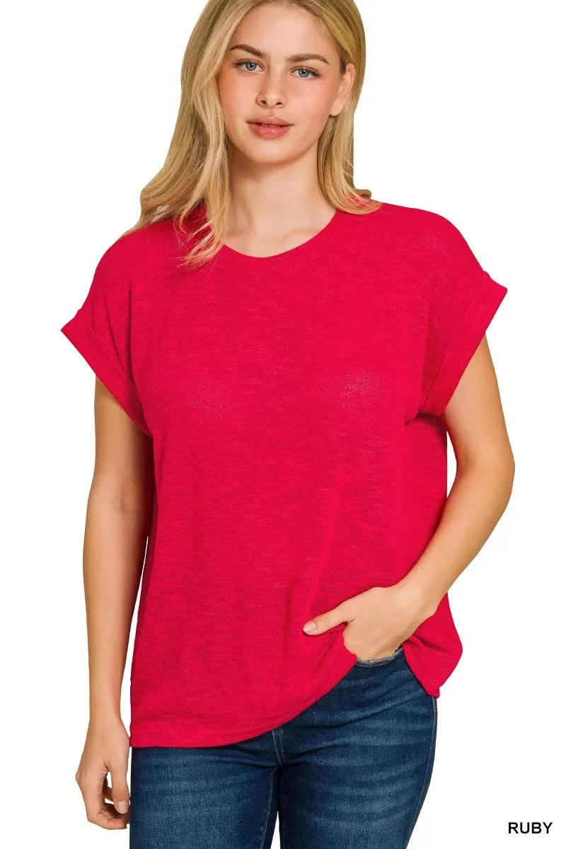 Zenana Hacci Slub Rolled Up Sleeve Tee - Trendsi - Flyclothing LLC