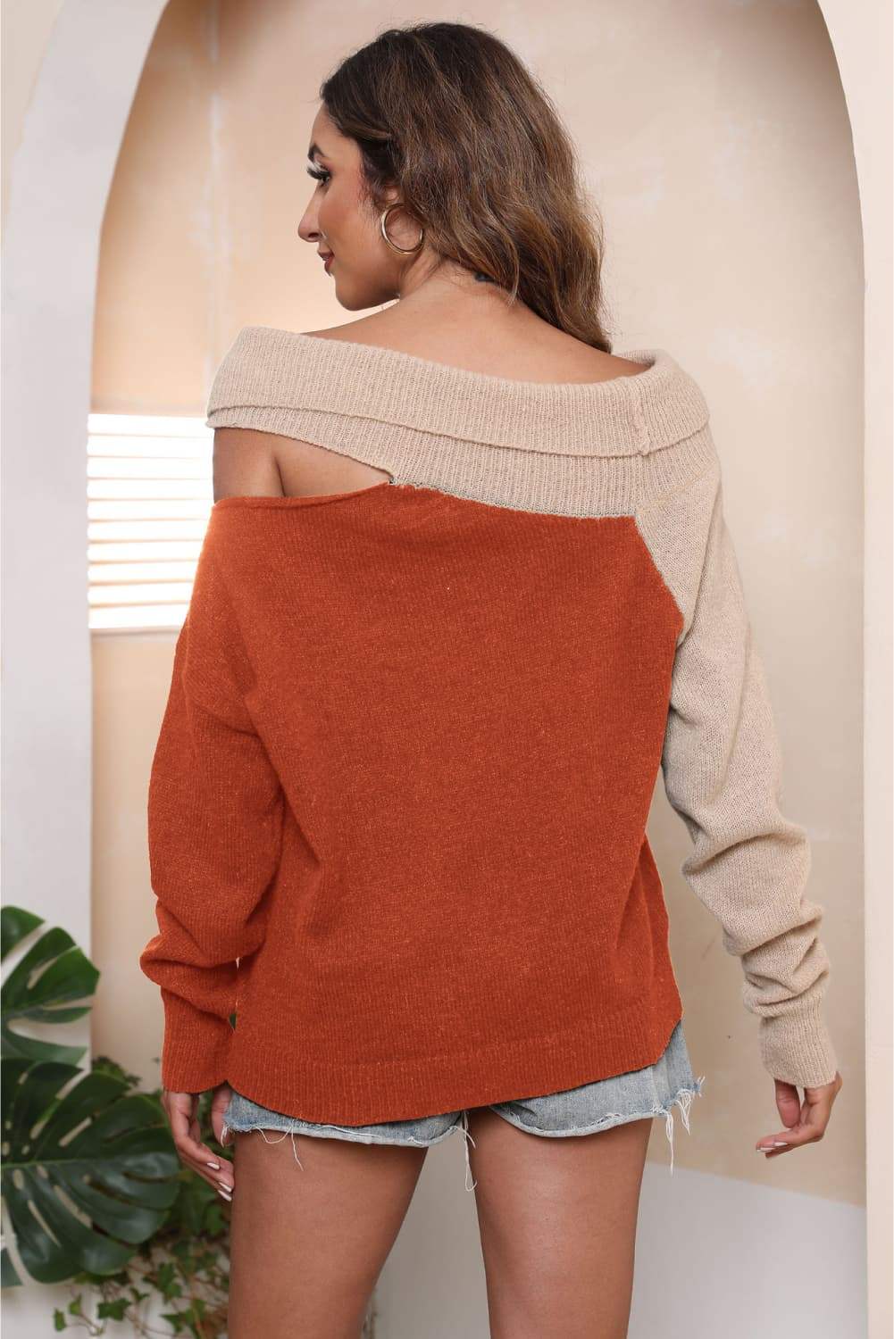 Asymmetrical Long Sleeve Two-Tone Cutout Sweater - Trendsi - Flyclothing LLC