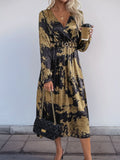 Perfee Printed Surplice Long Sleeve Midi Dress - Trendsi