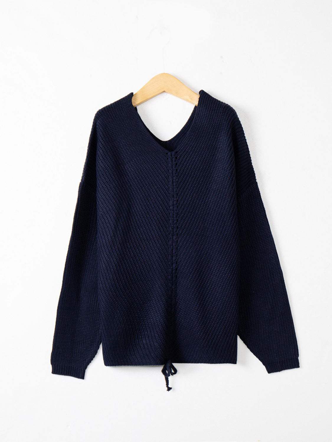 Full Size Lace Up V-Neck Long Sleeve Sweater - Trendsi - Flyclothing LLC