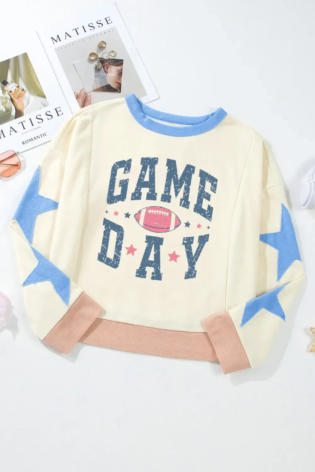 GAME DAY Star Patch Round Neck Long Sleeve Sweatshirt - Trendsi - Flyclothing LLC