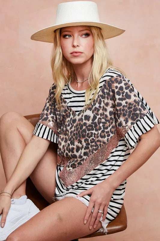 BiBi Stripe Rayon Span Knit Color Block Top With Leopard - Trendsi - Flyclothing LLC