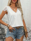 Eyelet Lace Detail V-Neck Cap Sleeve Top - Trendsi - Flyclothing LLC