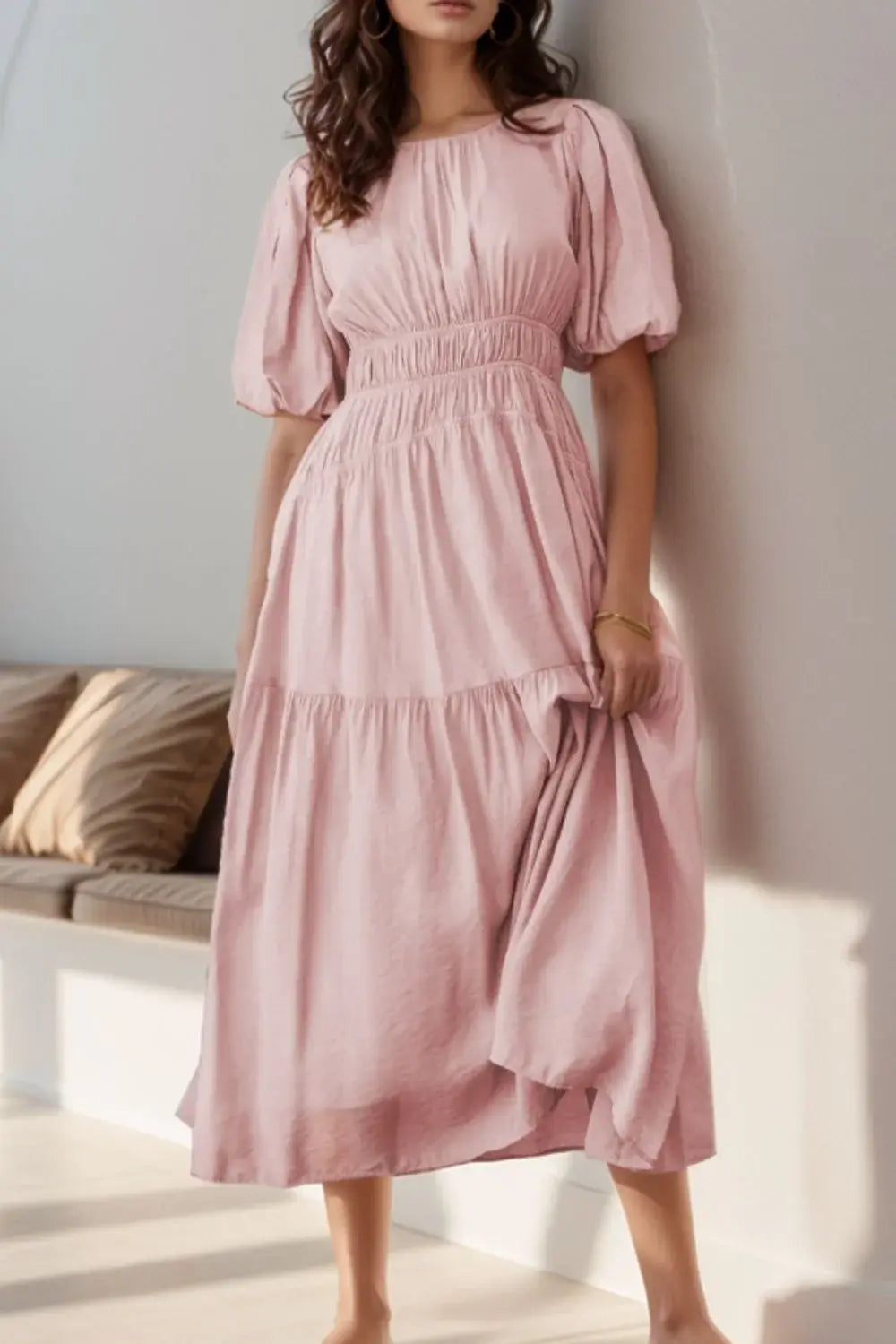 Puff Sleeve Pleated High Waist Flowy Midi Dress - Trendsi - Flyclothing LLC