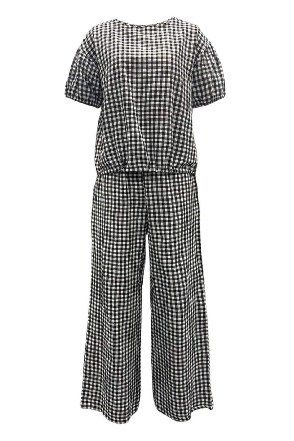 Full Size Plaid Round Neck Half Sleeve Top and Pants Set - Trendsi - Flyclothing LLC