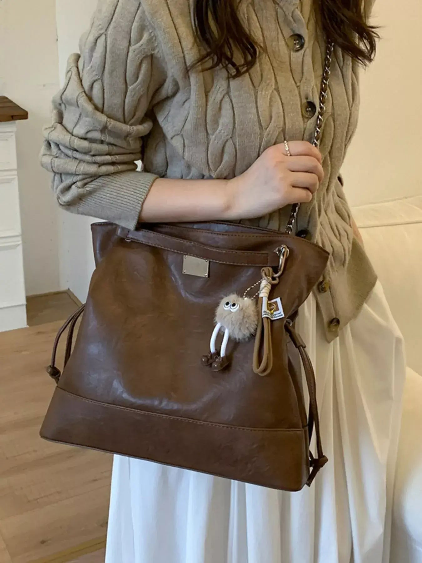 Chain Strap Faux Leather Tote Bag - Trendsi - Flyclothing LLC