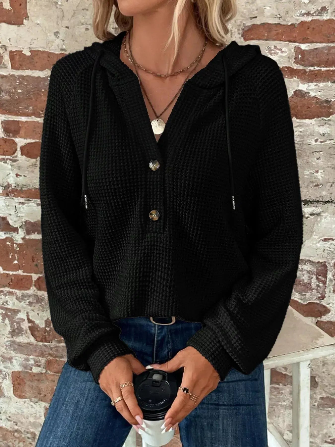 Waffle Knit Button Detail Hoodie - Trendsi - Flyclothing LLC