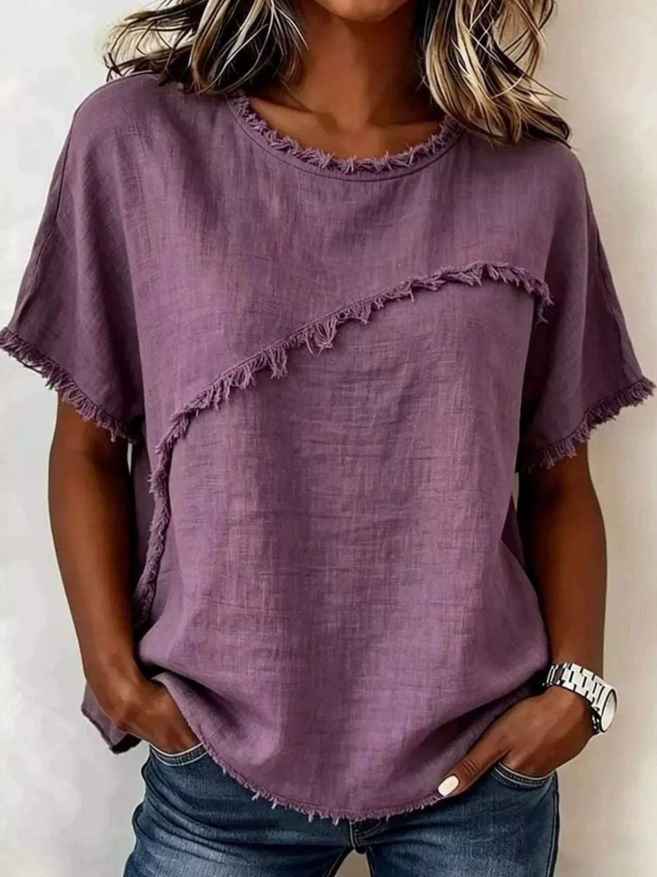 Full Size Frayed Hem Short Sleeve Top Plus Size - Trendsi - Flyclothing LLC