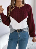 Cable-Knit Color Block Round Neck Sweater - Trendsi - Flyclothing LLC