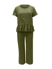 Peplum Round Neck Short Sleeve Top and Pants Set - Trendsi