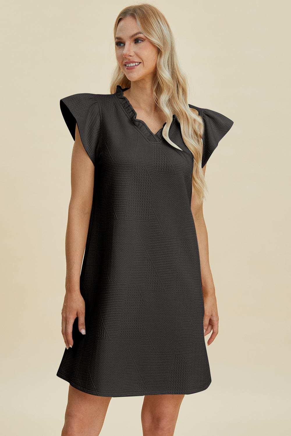 Double Take Full Size Ruffled V-Neck Cap Sleeve Dress - Trendsi - Flyclothing LLC