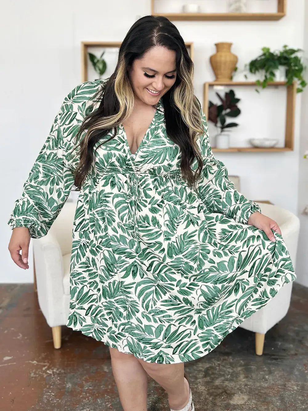 Double Take Full Size Printed Ruched Balloon Sleeve Dress - Trendsi - Flyclothing LLC