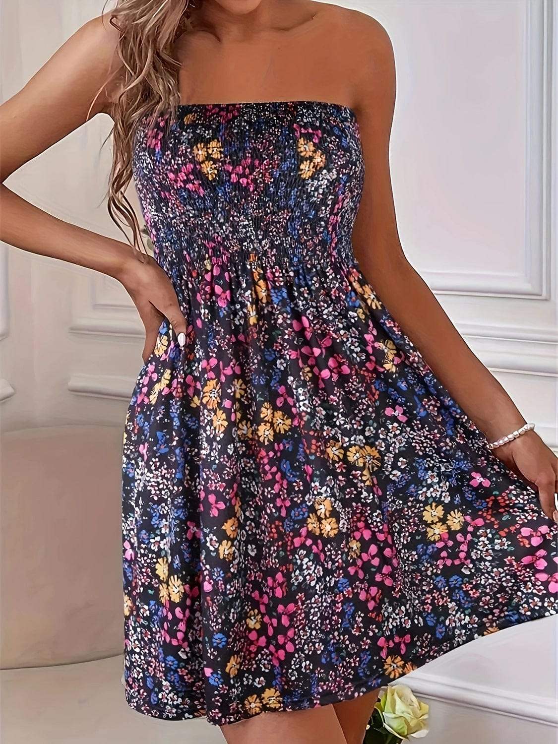 Full Size Smocked Printed Tube Mini Dress - Trendsi - Flyclothing LLC