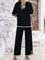 Contrast Trim Round Neck Top and Pants Set - Trendsi - Flyclothing LLC