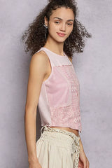 POL Ribbed Round Neck Cropped Tank with Lace Detail - Trendsi - Flyclothing LLC