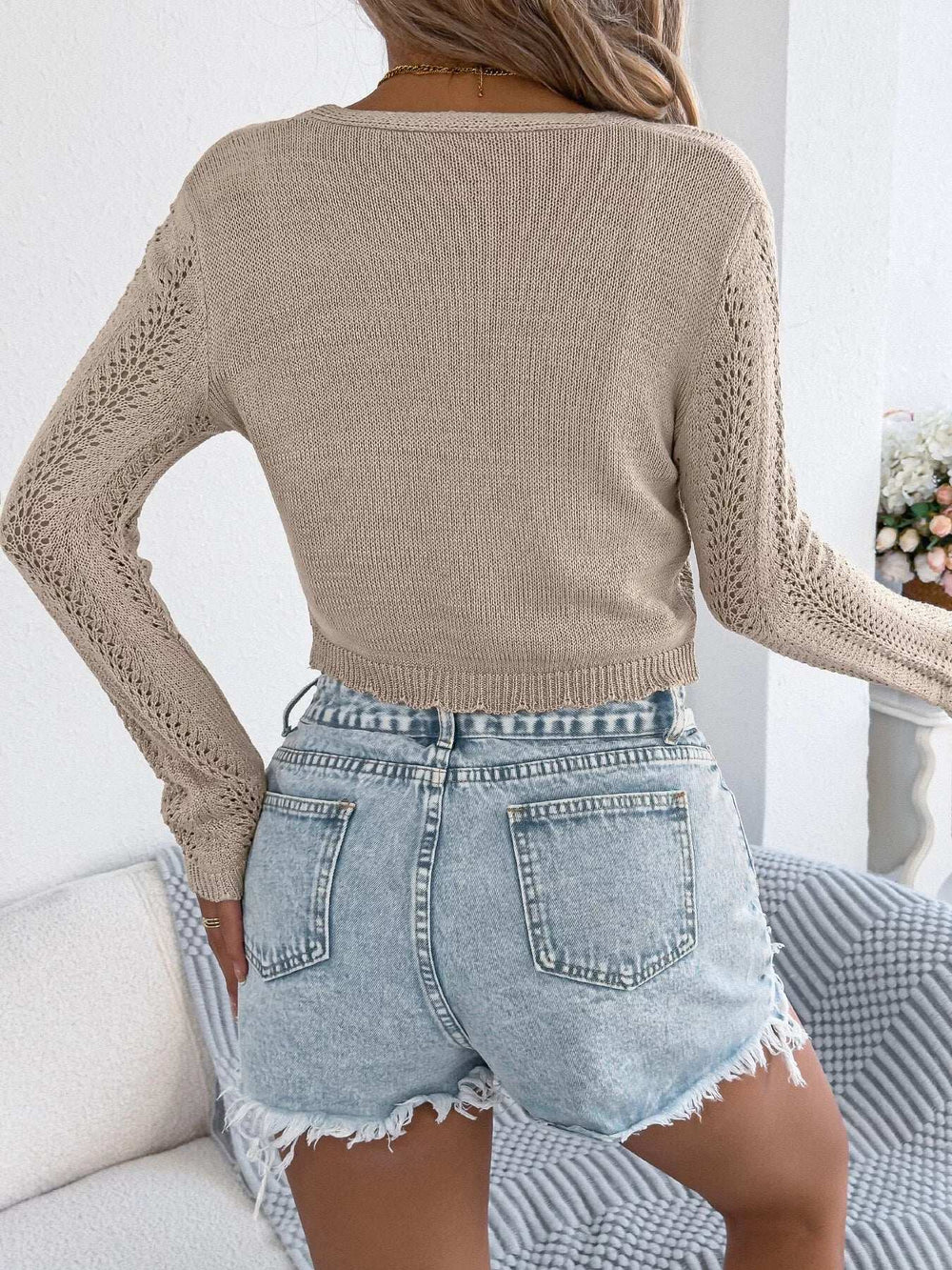 Openwork Tie Front Long Sleeve Cardigan - Trendsi - Flyclothing LLC