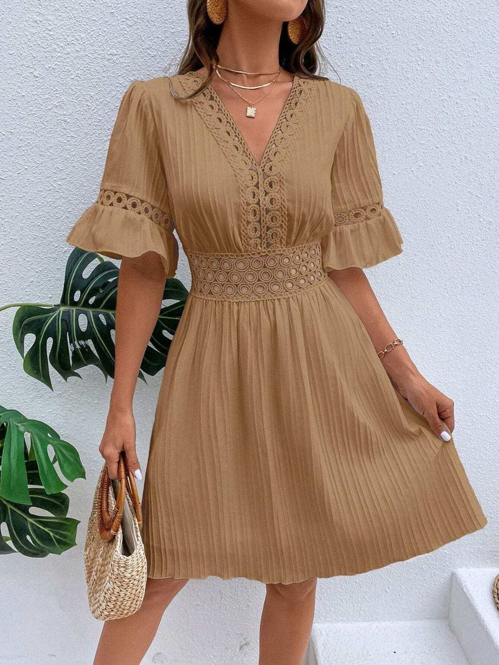 Cutout V-Neck Flounce Sleeve Mini Dress - Trendsi - Flyclothing LLC
